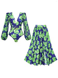 Swimwear da donna 2024 fiori stampata a v-scollo manica lunga costume da bagno per donna per donne abiti da bagno mono-costume da bagno