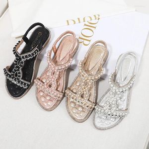 Sandals 2024 Summer Women 1.5cm Platform 3cm Wedges Low Heels Lady Diamond Pearl Bling Woman Bohemian Plus Size Beach