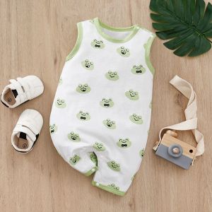 One-Pieces Summer Newborn Boys And Girls Cute Cartoon Frog Full Print Cotton Comfortable Sleeveless Baby Jumpsuit