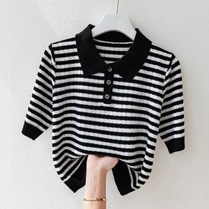 Fashion Women Short Sleeve Striped Knitted Polo Shirts Spring Summer All-match Tees Female Clothing Pullover Bottoming Tops 240424