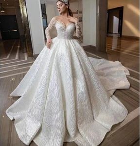 Luksusowa suknia balowa Suknia ślubna Sheer Szyja długie rękawy cekiny z koraliki koronkowe w górę pociąg ślubne suknie nośne vestido de novias casamento arabski dubaj