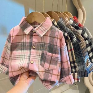 Shirts Spring Autumn Warm Coat Shirt for Boys and Girls 19 Year Old Classic Striped Plaid Top Thickened Korean Fashion Children's Wear