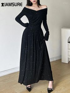 Sukienki swobodne Iamsure klubowa sukienka na imprezę Slim Blask Glitter A-Line Elegancka Lady Slash Szyja Maxi dla kobiet 2024