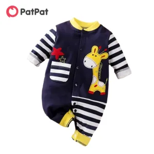Endelar Patpat 100% Bomull Baby Boys / Girls Jumpsuits Söta giraffbroderi Applique Stripe Design Print Longsleve Baby Jumpsuit