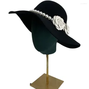 Beralar Gelin Şapka Fransız Siyah Big Brim Top Top Zarif Retro Hepburn İngiliz İnci