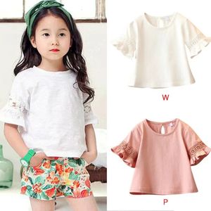 Summer Baby Girls TShirts Flare Sleeve Solid Print Lace Tops Kids Casual Blouse 240408