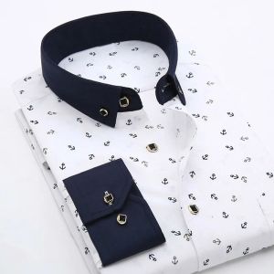 Boxen Qualität formelle weiße Frühlings -Männer Hemden lässig Herrenhemd gedruckt Brandknopfkragen Slim Fit Blumes Social Man Hemd Hemd