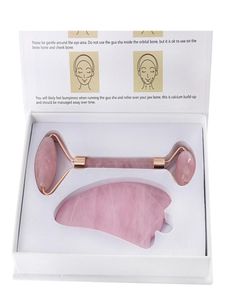 JD003 Rose Quartz Roller Double Head Pink Jade Facial Roller Massager Welded Integrated Metal med presentförpackning och Guasha Board2985282