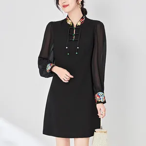 Casual klänningar eleganta för kvinnor 2024 Spring Summer Chinese Style Women's Vintage Dress Long Sleeve Embroidery Woman Black Slim