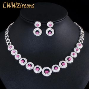 Halsband cwwzircons varmrosa röda CZ runda choker kvinnor bröllop halsband och örhängen smycken set brudar fest kostymtillbehör t415