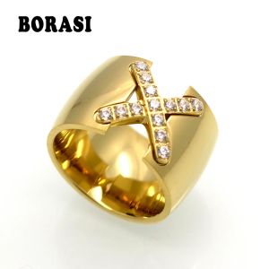 Band Ny ankomst Guldfärg Ring Bijoux 14mm Bredd Big Pave Seting CZ Cross X Ring For Women Trendy Crystal Jewelry Wholesale Gift