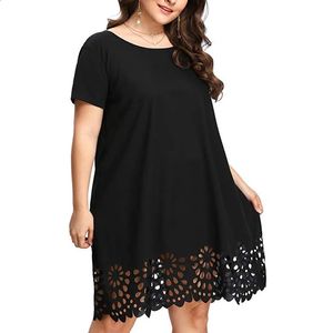 Plus Size Women Dress Sexig spets solid kort ärm Oneck Hollow out Casual Bohemian Beach Holiday Loose Summer Mini 240412