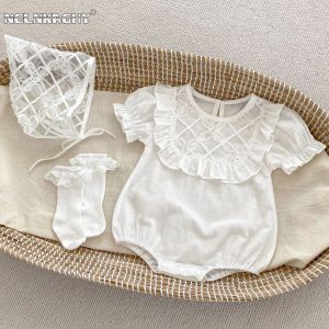 One-Pieces 2023 Summer : Simple Versatile newborn Baby Girls Onesie puff Sleeve ruffles 100% cotton jumpsuits infant kids bodysuits + hat