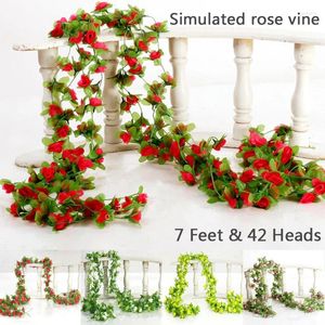 Flores decorativas de 7 pés de 7 pés de rosa artificial videira falsa planta folhas penduradas guirlanda de jardim de jardim de jardim de jardim decoração do arco de casamento