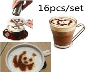 16pcsset kaffe konst stencil cappuccino blommor filter barista kaffe mögel spray konst kaféer diy verktyg hha11129162118