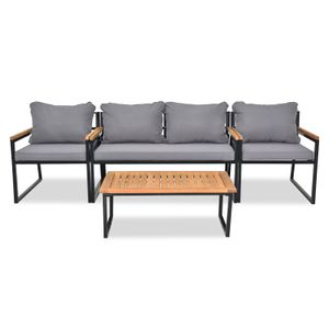 Conjunto de conversas para lounge do pátio ao ar livre de 4 peças, moldura de metal com mobiliário de suporte de braço de madeira acacia conjunto para deck de varanda de quintal com almofadas macias e mesa