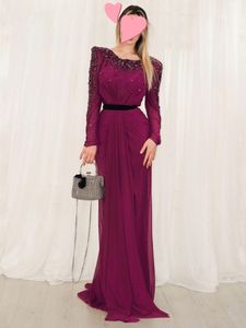 Purple Crystal Beading Prom Dresses Scoop Neck Long Sleeve Ruched Formal Evening Gown with Black Belt vestidos de noche