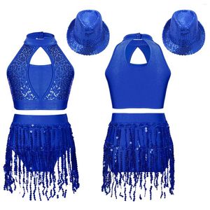 Scene Wear Kids Girls -paljetter Tassels Latin Jazz Dance Costumes Halter Crop Top Leotard kjol hat 3st för Rumba Chacha samba klänning