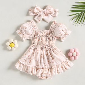 ワンピース新生児の女の子の夏のロンパース服フルフルスパフ袖の花柄のプリント弾性ウエストジャンプスーツスカートヘッドウェアの衣装