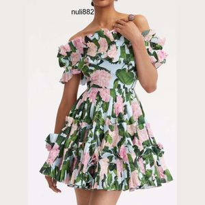 2023 Fancy Dress Womens Floral Printed Gapped Midje Slash Neck Puff Sleeve Fit flar miniklänning