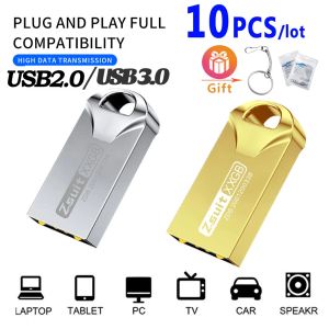 10PCS防水金メタルUSBフラッシュドライブ64GBペンドライブフラッシュディスク128G USB 3.0メモリスティックUSB 2.0無料ロゴギフトミニUディスクキー