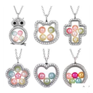 Lockets Crystal Sier Pearl Cage Pendant Halsband för kvinnor Living Memory Beads Glass Magnetic Open Floating Chains Fashion Drop Del Dh5yi
