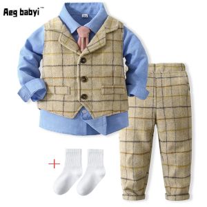 Blazers Bebek Erkek Giysileri Resmi Takımlar Beyefendi Uzun Kollu Gömlek Kravat Yelek Pantolonları 5 PCS Set Sonbahar Yeni Çocuklar Erkekler Doğum Günü Partisi Elbise