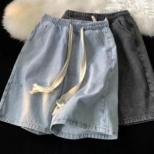 Men's Jeans Men Summer Casual Shorts Elastic Drawstring Waistband Pockets Beach Solid Color Wide Leg Quick-drying Denim