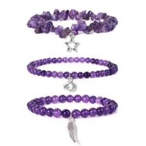 Fios 3pcs/set Amethysts Natural Stone Bels Bracelet Star Lua Pena de pendentes de pingente de pulseiras homens Mulheres emagrecem jóias de meditação de energia