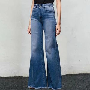 Kvinnors jeans tunna kvinnor breda ben tofs mode plus size lador bantning fit blossed denim byxor mid-midjig flare streetwear