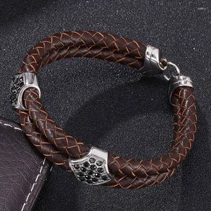 Pulseiras de charme jóias de jóias de moda marrom dupla pulseira trançada de couro com zircão para homens mulheres s. recar