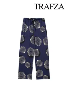 Pantaloni da donna trafza donne pantaloni primaverili blu navy stampato in vita ad alta gita di decorazione bottoni tasche gamba larga