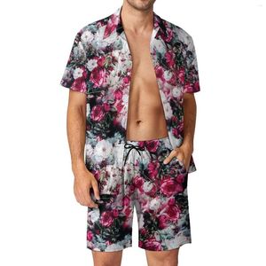 Men filhas de trilhas masculinas Rose Florais Define Shorts Casuais Casuais Rosa e Brancos Camisa ao ar livre de fitness fitness Conjunto de mangas curtas Gráfico de tamanho grande