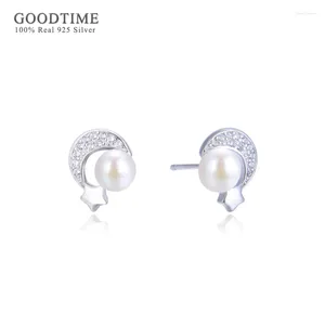 Stud Earrings Luxury Women Pearl Ring Pure 925 Sterling Silver Moon & Star Rhinestone Zircon Valentine's Day Gift