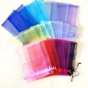 Bolsas 25/50pcs 7x9 15x20 17x23cm Bolsa de organza Bolsa de doces de doces de doces de casamento Decoração de casamento Bolsas de bolsa de cordas