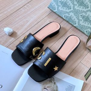 Designer slides luxury flats sliders womens summer beach sandals platform slide casual mules genuine calfskin leather slipper metal lettering rhinestones shoes