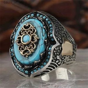 Bandringar Vintage Men Ring Blue Stone Silver Color Metal inlaid Flower Party Jewelry Gift H240424