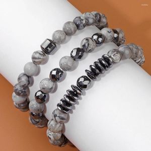 Charm Bracelets High Quality 3Pcs/Set Natural Map Stone Beaded For Women Men Bracelet Faceted Hematite Beads Bangle Jewelry