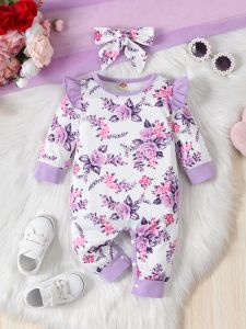 One-Pieces Adorable 2pcs Outfit Set for Newborn Girls Floral Print Long Sleeve Rompers & Bow Hairband Spring&Autumn Baby Girls Clothing