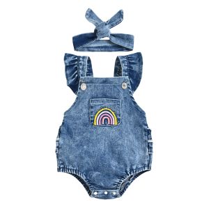 One-Pieces Focusnorm 018M Regenbogen bedruckte Mädchen Jungen Jungen Jeans ROMPER RUFFLES Kurzarm Taschen-Taschen-Overall Stirnband