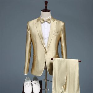 Dräkter män guld kostymer värd prestanda bröllop kostymer manlig glänsande mjuk kostym blazer plus storlek kostym byxor set 2 bit set eleganta pojkar