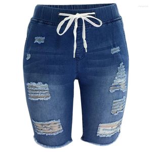 Kvinnors jeans sommar nödställda denim shorts kvinnor knä längd stretch hål snörning elastisk midja blå rippad capris