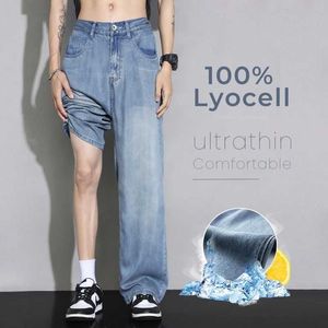 Herr jeans sommar 100% lyocell mysiga jeans män mjukt tyg elastisk midja denim byxor manliga kläder korea baggy raka casual byxor 240423