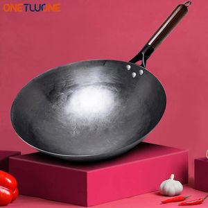 Woks tradicional de Woknoncoating Hand forjes para cozinha panwooden handle wok gas panela de panela 240415