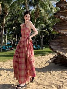 Casual Dresses Summer 2024 Retro Elegant Plaid Sundresses Korean Beach Vacation Party Long Dress Women Backless Halter Bandage Split Chic