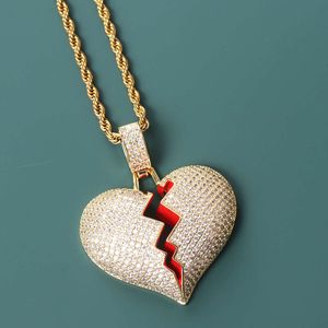 Hip Hop Copper Inlaid Zircon Broken Heart Shaped Pendant, Trendy Hiphop Couple Necklace