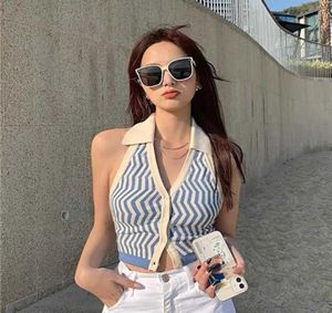 Summer Sleeveless Knit Stried Colet Women Women Lapela Short Slim Halter Top High Street Fashion Beautiful 2106046453739