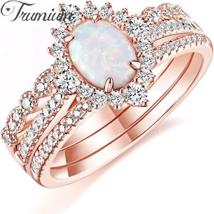 Anéis trumium 3pcs anéis empilháveis de ouro rosa 1,5ct anel de noiva oval conjunta