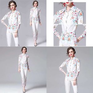 Fashion Spring Designer 2 Piece Set Women Elegant Office OL Lady Flower Print Blue Top + Pencil Pants Outfits 210519 10519