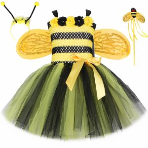 Conjunto Little Bee Tutu Dress for Girls Halloweeen Cosplay Costume Tulle Flores infantis Festas Festações Fada Fada Fanche Dress Up Roup